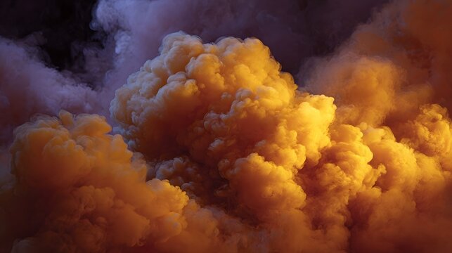 Dramatic plumes of orange and yellow smoke swirl against a dark moody background