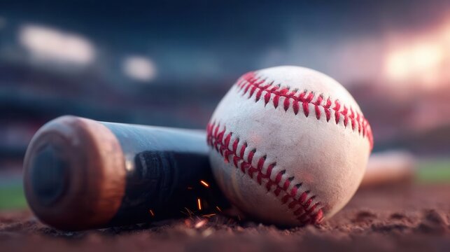 Dramatic close up of baseball and bat on the field, ready for an exciting game, inspiring teamwork and passion for the sport, perfect for sports marketing