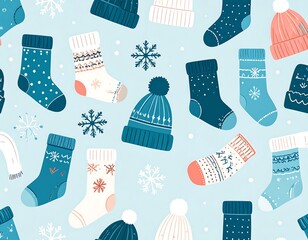 Festive winter seamless pattern with hats, socks and snowflakes on blue background