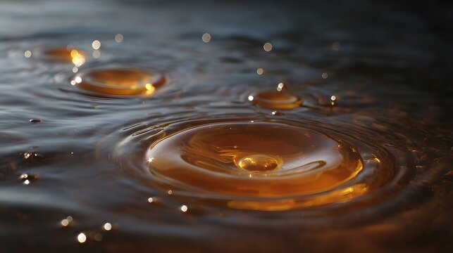 Close up of amber liquid drops creating concentric ripples on a dark reflective surface with sparkling highlights