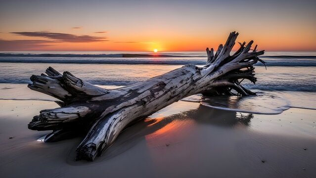 Beach sunset driftwood landscape photography calm ocean waves scenic nature travel photography beautiful light