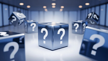 Mystery question mark cubes in modern abstract space