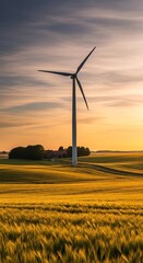 Obraz premium Wind turbine in a golden field at sunset generating clean energy.
