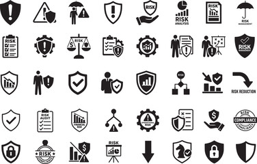 Risk management icon set with security, strategy and protection symbols in bold vector style.