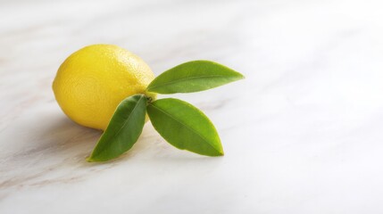 Fresh lemon with green leaves on marble, showcasing vibrant yellow and green contrast. gardening catalogs, home-decor guides, designed for home decor and floral branding.