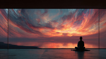 A serene scene of a person meditating in front of a stunning sunset