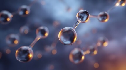 Abstract glowing molecular structures with luminous spheres connected by translucent bonds in a dark atmospheric environment