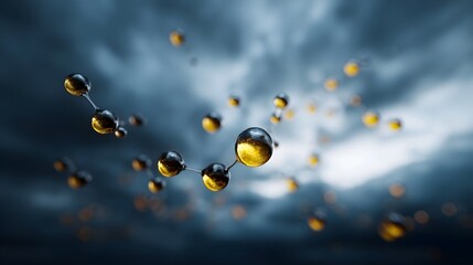 Futuristic molecular structure with glowing golden particles against a dark stormy sky