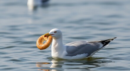 Seagull swimming in water with a bagel in its beak.