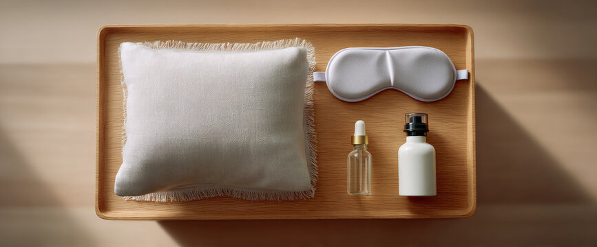 Minimalist wooden tray with white pillow, sleep mask, essential oil dropper bottle, and lotion bottle arranged neatly for relaxation and self-care