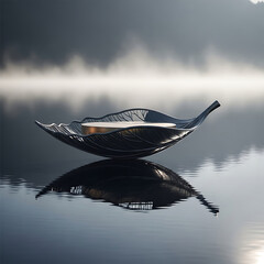 Artistic leaf-shaped vessel floating on tranquil misty lake