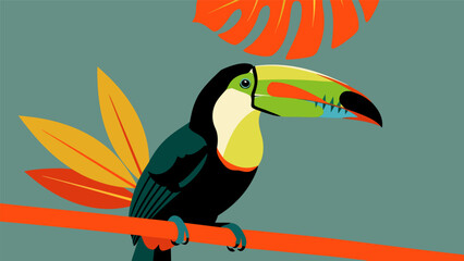 Obraz premium Beautiful exotic toucan with a bright colored beak sitting on a branch, tropical rainforest bird vector illustration f