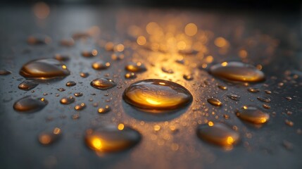 Close up ro view of golden water droplets glistening on a dark textured surface with soft bokeh background