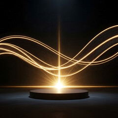Abstract podium with radiant golden light and wavy energy