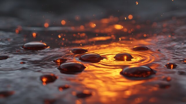 ro view of water droplets on a wet surface reflecting vibrant orange and yellow sunset light with subtle ripples and bokeh