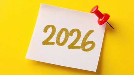 2026 text written with golden marker on white sticky note against yellow background, red pin at top right corner in minimalistic simple clean modern style for date reminder.