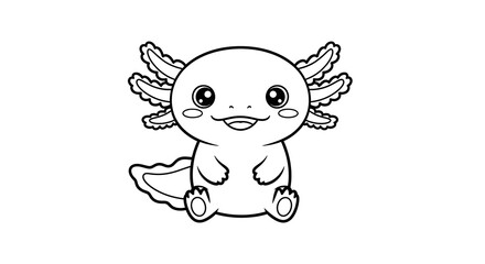 Cute Axolotl Cartoon Character Black and White Line Art.