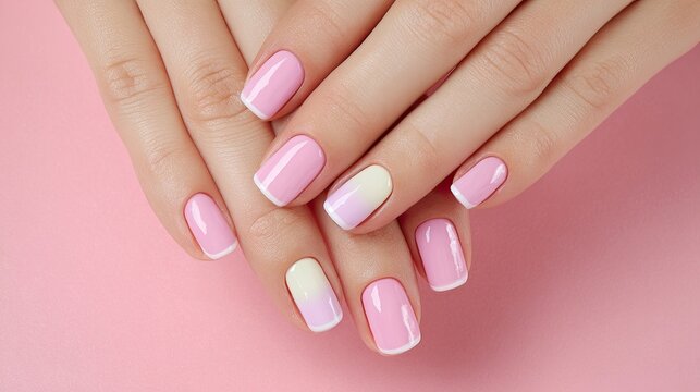 Close-up of elegant pastel pink and white French manicure with glossy nails on a soft pink background - Powered by Adobe