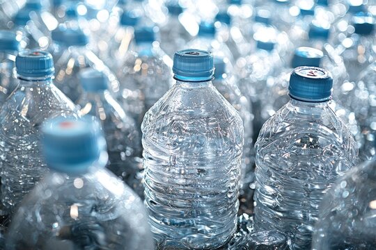 Numerous plastic water bottles with blue lids, densely packed together