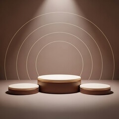 Elegant brown and cream product display podiums with spotlight