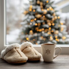 A warm scene unfolds by a window, where soft slippers and a steaming mug of cocoa sit