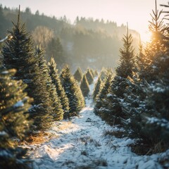 A picturesque winter scene of a snow-covered path winding through a serene evergreen forest.