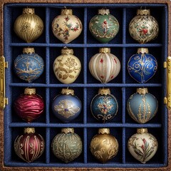 A captivating arrangement of antique Christmas ornaments, nestled within a traditional wooden display case