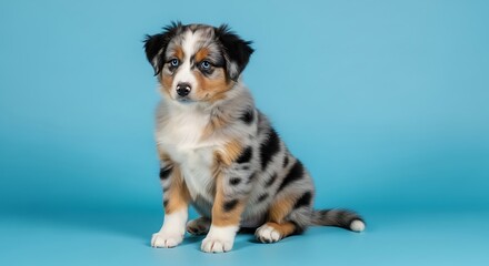 Adorable Merle Australian Shepherd Puppy Sitting on a Blue Background.