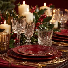 A luxurious table adorned with elegant tableware, warm candlelight, and seasonal greenery