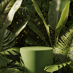 Green display podium surrounded by tropical leaves and glitter