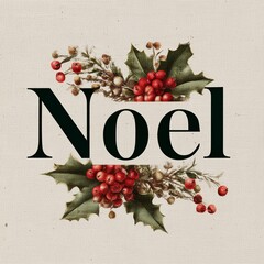 Noel adorns, encircled by seasonal holly and berries, conveying holiday wishes, season greetings and cheerful nostalgia.