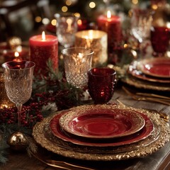 A beautifully arranged holiday dining table, adorned with glowing candles, elegant glassware, and rich, seasonal decor, exuding warmth and celebration.