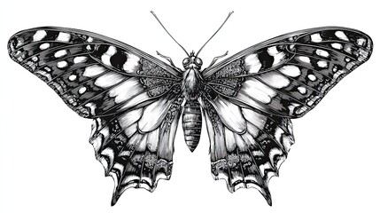 Butterfly sketch engraving detailed monochrome illustration with ornate wings and elegant symmetrical line art