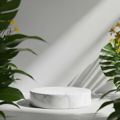 Minimalist marble podium display with tropical plant shadows