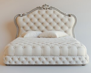 Obraz premium Ornate tufted bed with cream upholstery and silver frame, two pillows on top