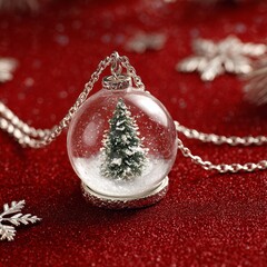 A festive Christmas tree encapsulated in a delicate snow globe pendant, resting gracefully against a backdrop of festive adornment.