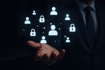 Business professional showcasing digital network with user icons and padlocks, symbolizing cybersecurity and data protection in a connected world.