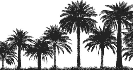 Palm trees sketch hand drawn silhouette row with grass foreground. Vector illustration