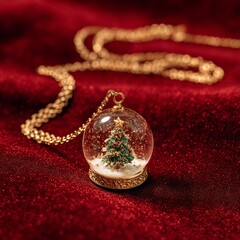 A glistening pendant, shaped as a snow globe, adorns a golden necklace. The snow globe contains a tiny, exquisitely detailed Christmas tree, nestled on a bed of fresh snow.