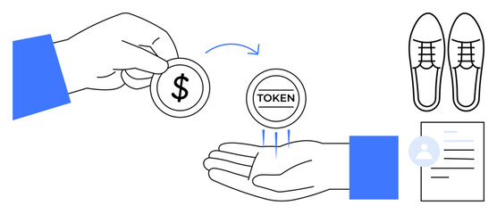 Digital payments, e-commerce, blockchain, asset transfer, tokenization, online shopping. Hand exchanging a dollar coin for a token. Digital payments and e-commerce with simple icons