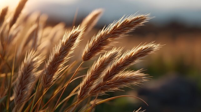 Golden hour sunlight bathes dry grass stalks and seed heads creating a warm atmospheric glow as they sway in a gentle breeze