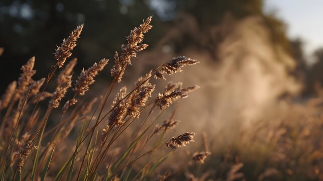 Close up of golden hour sunlight illuminating wispy dry grass and reed seedheads in a misty meadow creating a serene and ethereal atmosphere