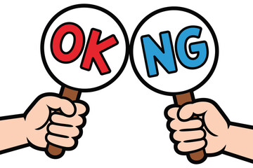 Two hands hold signs, one with 'OK' and the other with 'NG', indicating a decision.