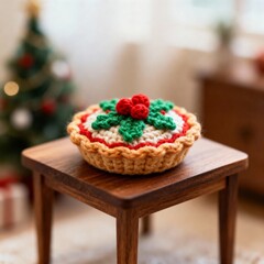 Festive holiday spirit with adorable handmade crochet Christmas pie decoration on wooden stool, perfect for seasonal crafts and cozy winter designs now