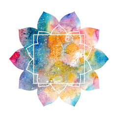 Illustration of mandala shape with white frame. Multicolored colorful watercolor texture, background. Oriental ethnic asian lotus flower symbol sign, chakra silhouette. Yellow blue colors.