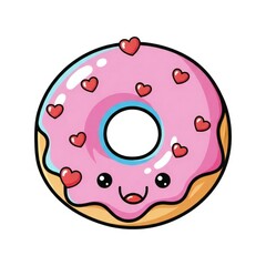 Fototapeta premium Cute donut with pink frosting and heart sprinkles cartoon vector illustration for Valentines Day isolated on white background