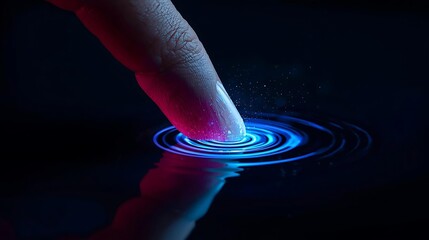 Finger touching digital water surface with glowing ripples and futuristic technology.