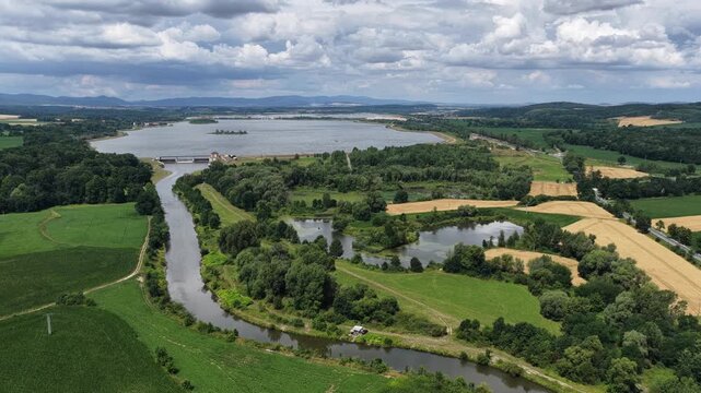 Aerial drone view of Paczkow. A city in the Opole province, in Nysa county, urban rural commune of Paczkow. Panorama of the city of Paczkow and Paczkowski Reservoir from a drone flight