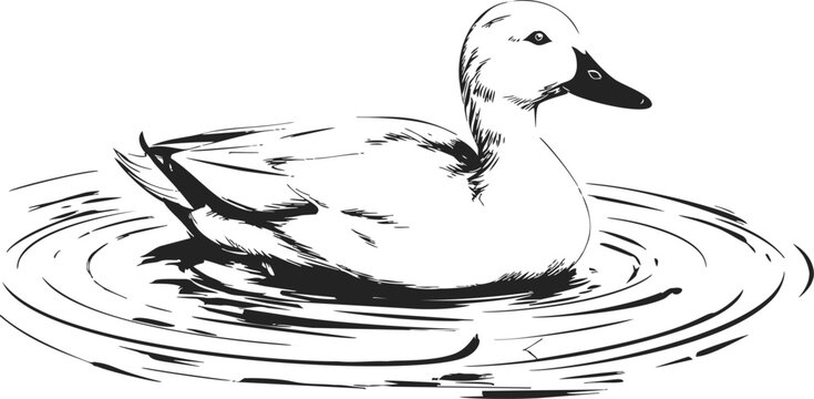 Duck sketch hand drawn style swimming on water with ripples. Vector illustration
