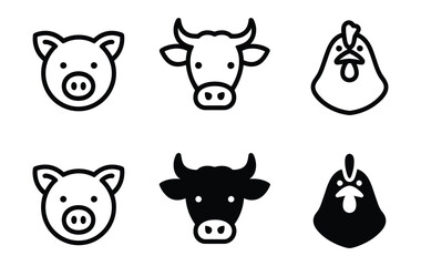 A collection of stylized farm animal icons, including pigs, cows, and chickens, in both outline and solid fill styles.